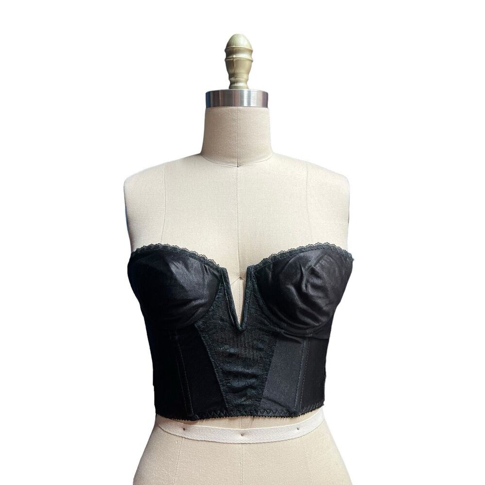 Vintage Black Lace Satin Backless Smoothie Strapless Bra 34B Corset Bustier